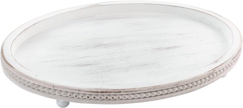 FESTWIND Wooden Tray,Oval Decorative Tray for Coffee Table Kitchen Dinning Table Entryway, Small Beaded Tray for Holidays, Farmhouse Centerpiece Decor Weathered White - Image 1